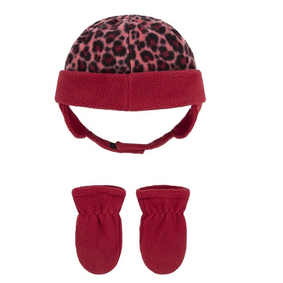 Nike Baby Girls Trapper Hat & Mittens Set Burgundy/Leopard Print NEW NWT - Picture 2 of 5